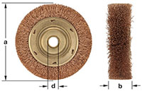 A bronze knot wire wheel brush is shown from the front and side. The front view includes measurements labeled "a" for the diameter and "d" for the unthreaded arbor diameter. The side view shows brush thickness and includes measurement labeled “b”.